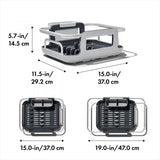 Over-the-sink aluminum dish rack with extendable arms, plate holders, and removable utensil cup for efficient dish drying.