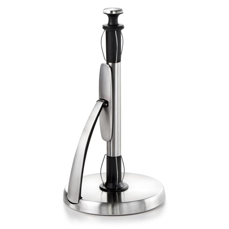 OXO Good Grips SimplyTear Paper Towel Holder with spring arm for easy one-handed tearing and stable stainless steel base.