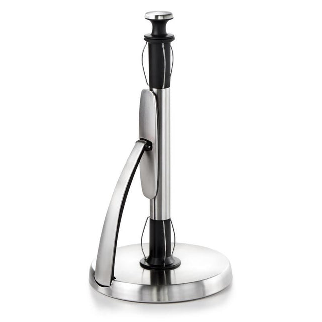 OXO Good Grips SimplyTear Paper Towel Holder with spring arm for easy one-handed tearing and stable stainless steel base.