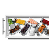 OXO Compact Spice Drawer Organiser with tiered design for easy spice visibility, non-slip feet, and removable tray for cleaning.