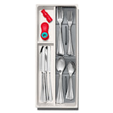 Compact utensil organizer with divided sections, non-slip feet, and removable tray for clutter-free kitchen drawers.