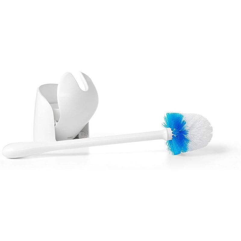 Compact toilet brush with hygienic canister, ergonomic grip, and durable bristles for efficient cleaning in small spaces.