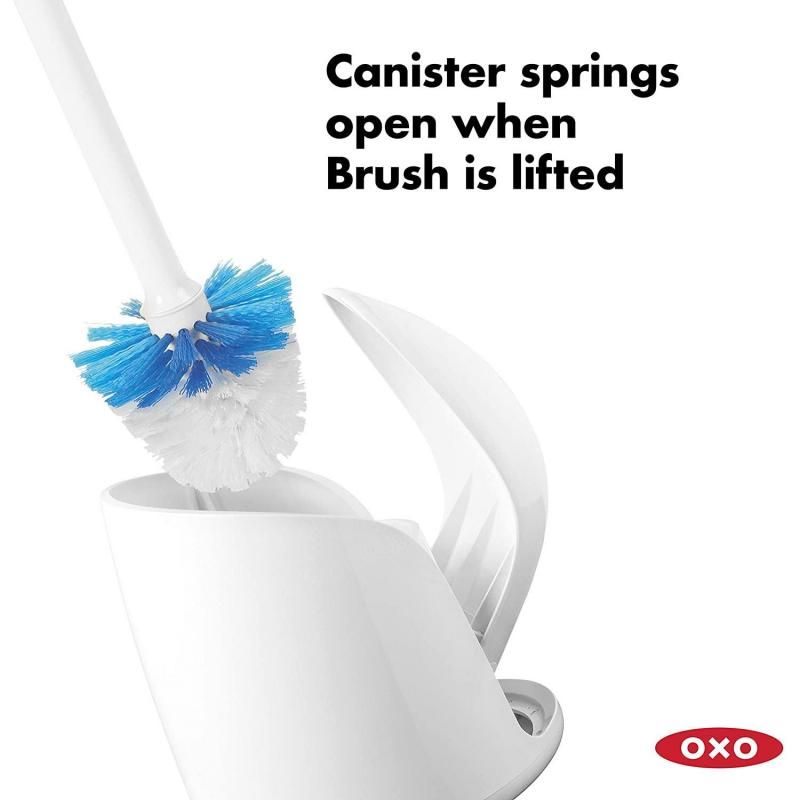 Compact toilet brush with automatic canister door, ergonomic grip, and durable bristles for hygienic and thorough cleaning.