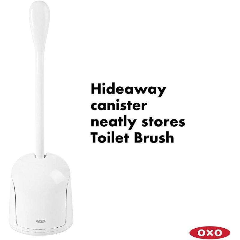 Compact toilet brush with automatic canister door, ergonomic grip, and durable bristles for thorough cleaning in small spaces.