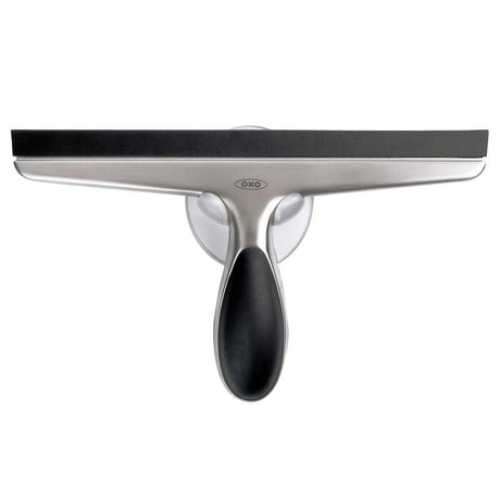 Stainless steel squeegee with flexible blade and non-slip grip, perfect for streak-free cleaning of windows and tiles.