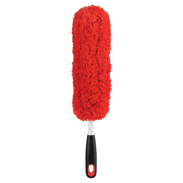 Flexible double-sided microfiber hand duster with non-slip grip, ideal for dusting tight spaces and surfaces efficiently.