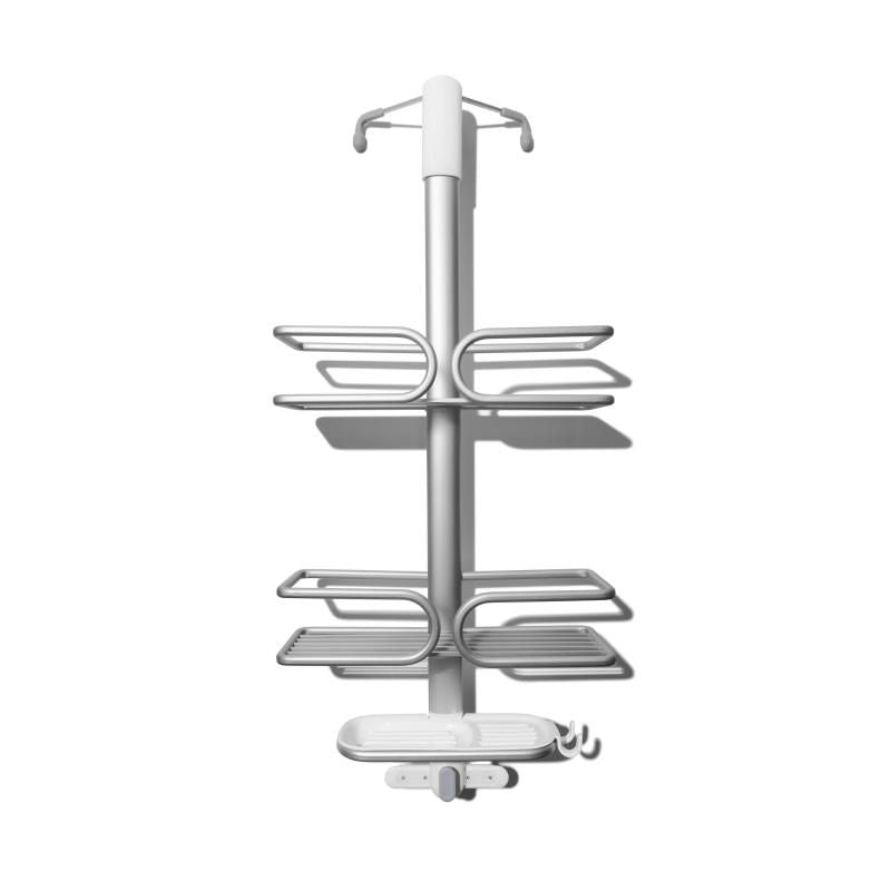Aluminum shower caddy with large-capacity baskets, built-in razor holder, and hooks for organized bathroom storage.