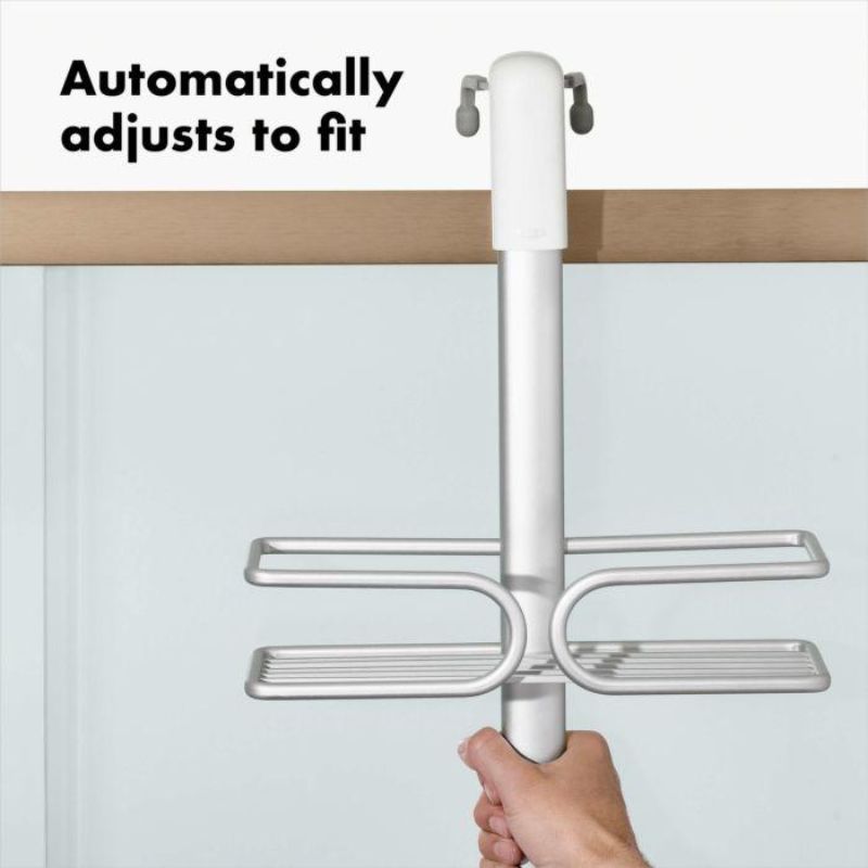 Aluminum shower caddy with large baskets, soap dish, razor holder, and adjustable hooks for organized bathroom storage.