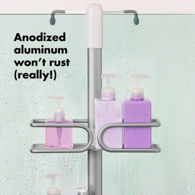 Sleek aluminum shower caddy with spacious baskets, razor holder, and non-slip hooks for organized shower essentials.