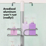 Sleek aluminum shower caddy with spacious baskets, razor holder, and non-slip hooks for organized shower essentials.