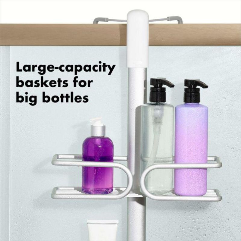 OXO Good Grips Shower Caddy with spacious baskets, non-slip hooks, and easy installation for organized shower essentials.