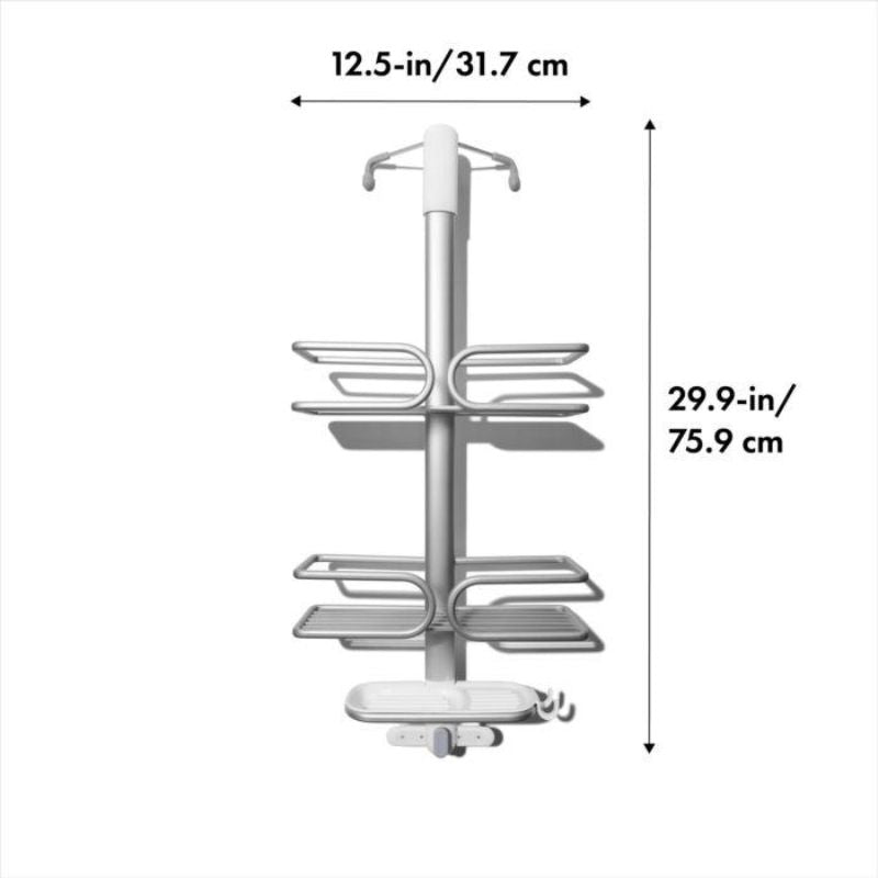 OXO Good Grips Shower Caddy for Shower Doors with large baskets, sturdy anodized aluminum, and built-in accessories for organized storage.