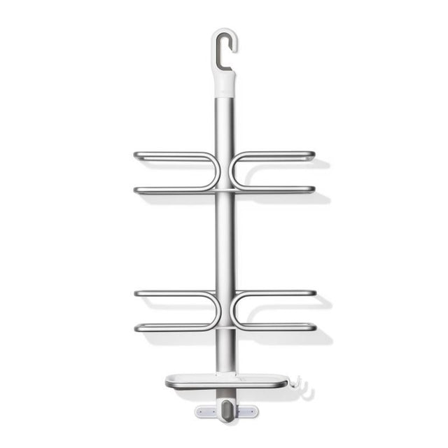 Sleek white OXO Good Grips 3 tier aluminum shower caddy with removable trays and integrated hooks for organized storage.