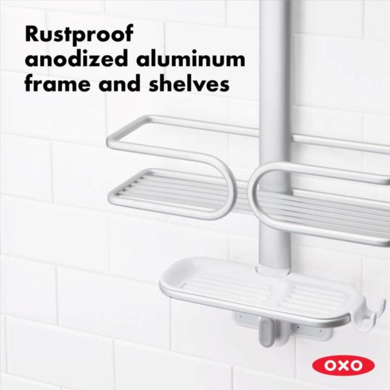 OXO Good Grips 3 Tier Aluminium Shower Caddy with three removable trays, built-in hooks, and tool-free installation for shower organization.