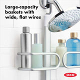 Sleek white OXO Good Grips 3 Tier Aluminium Shower Caddy with removable trays and hooks for organized shower storage.