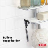 Sleek OXO Good Grips 3 Tier Aluminium Shower Caddy with removable trays and hooks for organized shower essentials.