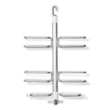 Aluminium shower caddy with shelves, hooks, and suction cups for organizing hoses and toiletries elegantly in the bathroom.