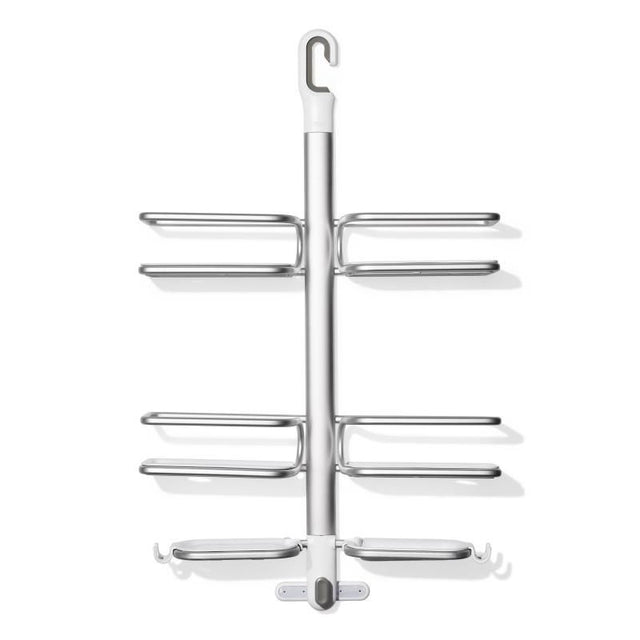 Aluminium shower caddy with shelves, hooks, and suction cups for organizing hoses and toiletries elegantly in the bathroom.