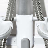 Aluminum shower caddy with unique hose channel design, four shelves, soap dishes, and sturdy suction support for organized storage.