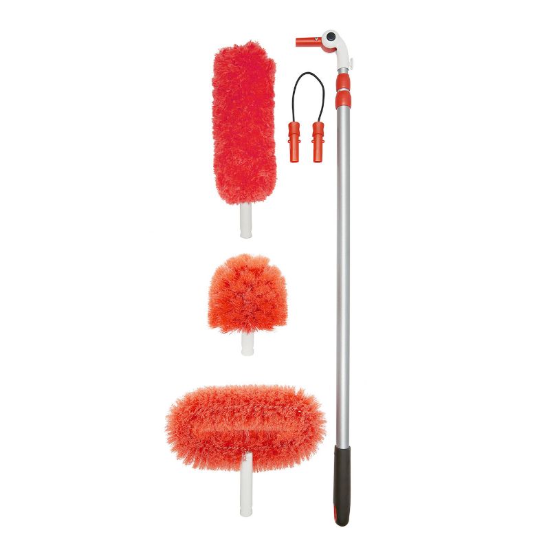 Long Reach Dusting System with pivoting heads for effortless dusting of high and low surfaces, featuring an extendable pole and washable microfiber head.