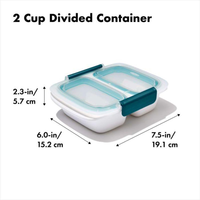 BPA-free 0.4L divided container with two compartments, leakproof design, and stay-cool handles for easy meal prep and transport.