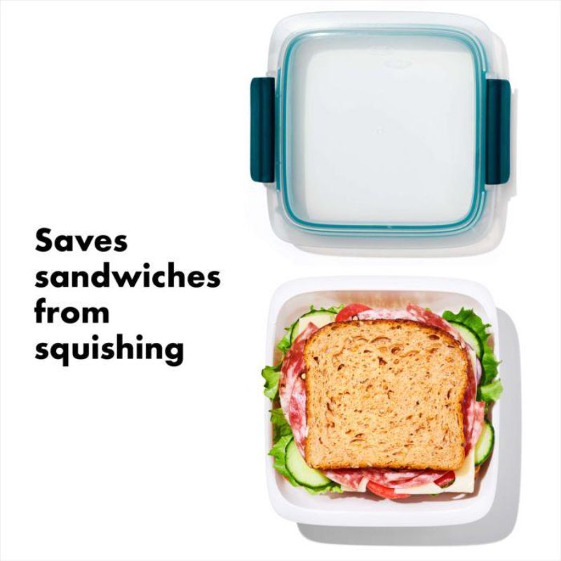 Clear view OXO Good Grips 1.0L sandwich container with leakproof lid, perfect for tall sandwiches on the go.