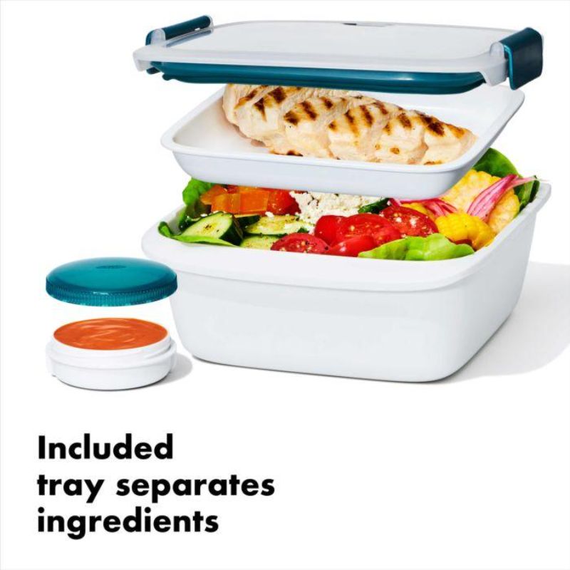 Clear, leakproof salad container with separate tray for fresh ingredients, microwave safe, and reusable BPA-free design.