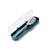 Eco-friendly OXO Good Grips reusable utensil set with fork, knife, spoon, and teal travel case for sustainable dining on-the-go.