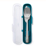 Reusable stainless steel utensil set with compact teal case for eco-friendly dining on-the-go.