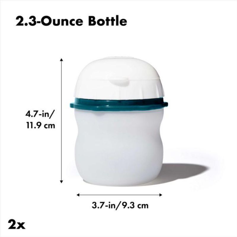 Two silicone squeeze bottles from OXO for easy meal prep, featuring leakproof lids and no-drip spouts for mess-free serving.