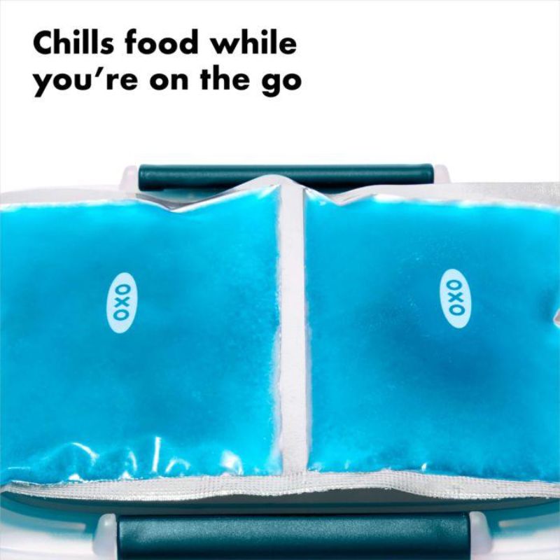 Dual-compartment reusable ice pack set for keeping food fresh on the go, ideal for lunches and picnics.