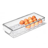 Clear egg bin with removable tray, holds 20 eggs, BPA-free, easy to clean, modern design for organized fridge storage.