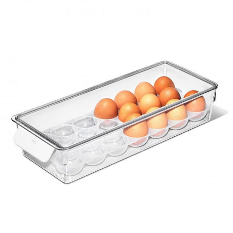 Clear egg bin with removable tray, holds 20 eggs, BPA-free, easy to clean, modern design for organized fridge storage.