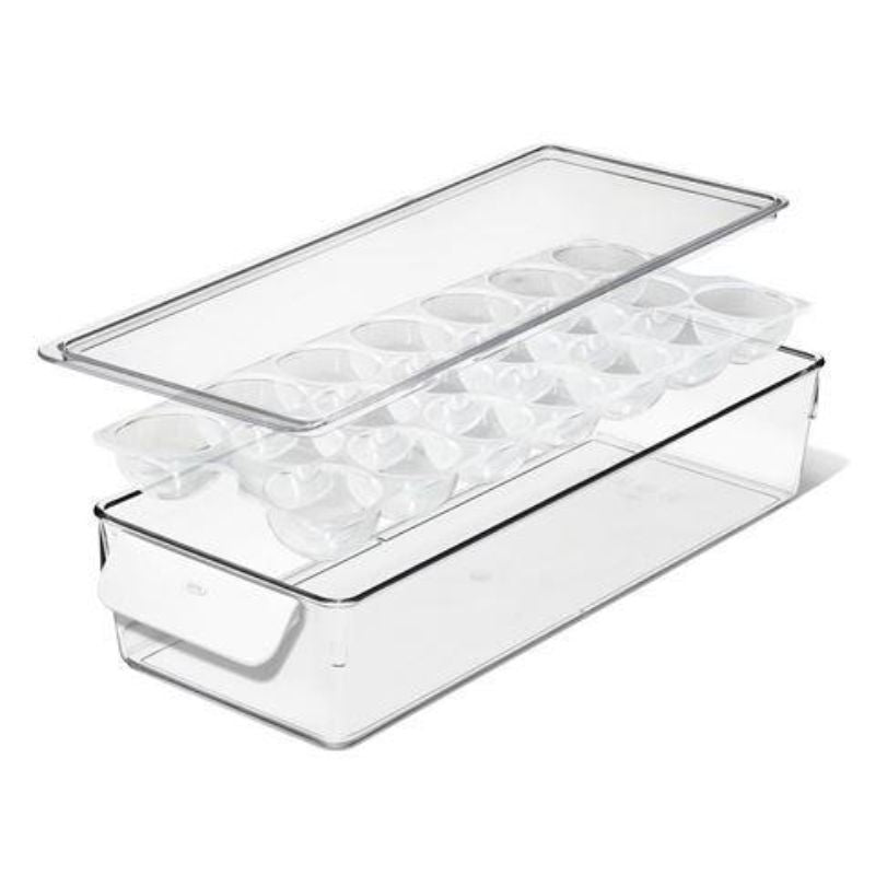 Transparent OXO Refrigerator Egg Bin with removable tray, holding up to 20 eggs for organized, fresh storage.