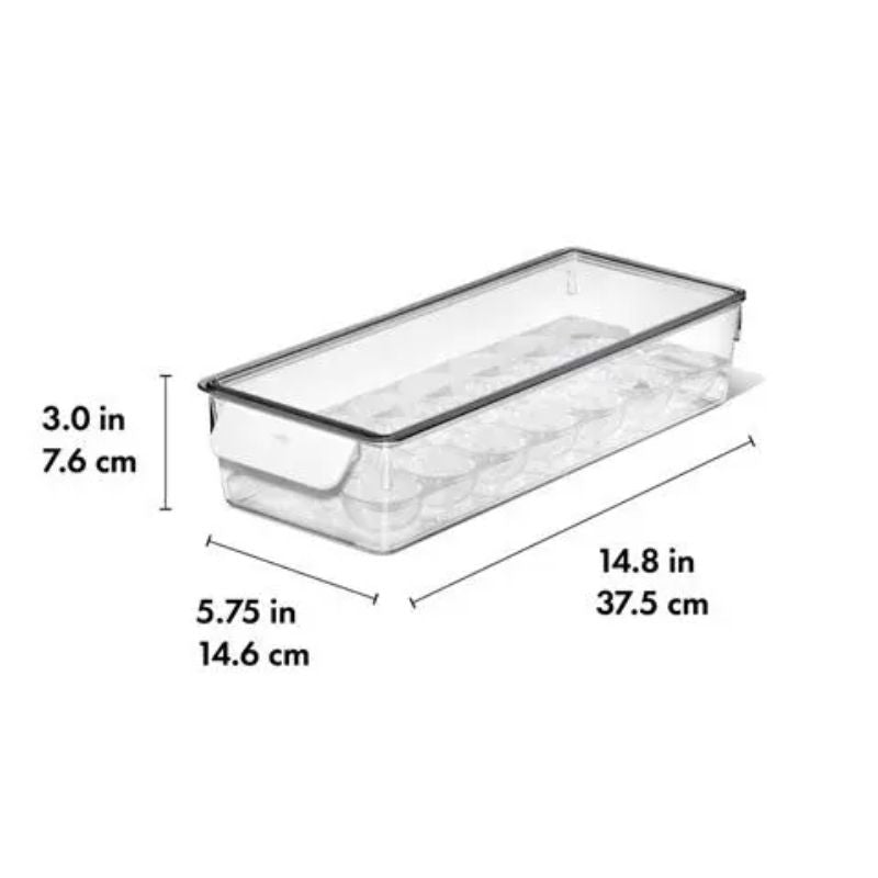 Transparent OXO egg bin with removable tray, holding up to 20 eggs for organized, fresh storage in the refrigerator.