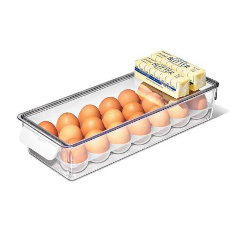 Clear egg storage bin with removable tray, holds 20 eggs, features transparent design and sturdy handles for easy access.