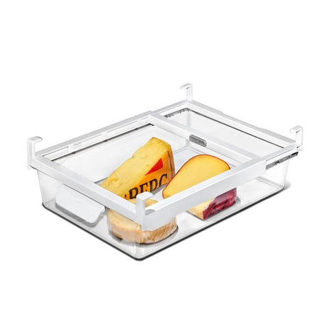 Clear under-shelf drawer for fridge organization, ideal for storing deli meats, cheeses, and produce with comfortable handles.