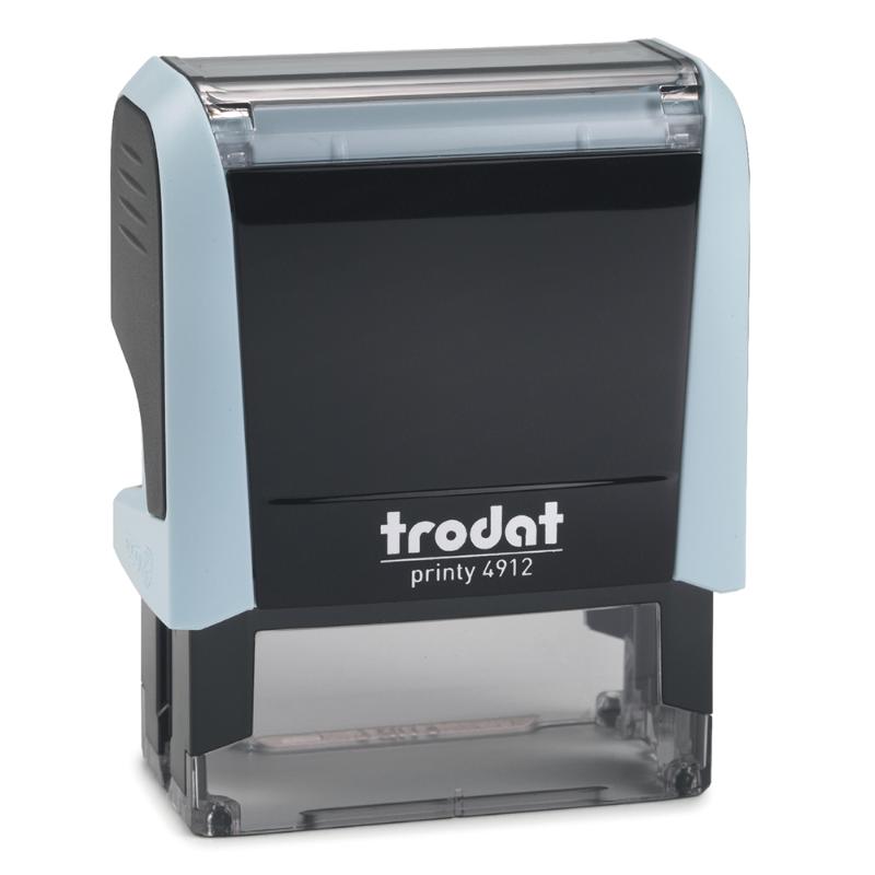 Pastel blue self-inking stamp offering style, functionality, and eco-friendliness for crisp impressions on documents.