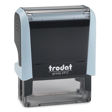 Pastel blue self-inking stamp offering style, functionality, and eco-friendliness for crisp impressions on documents.