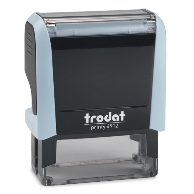 Pastel blue self-inking stamp offering style, functionality, and eco-friendliness for crisp impressions on documents.