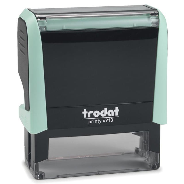 Elegant pastel green self-inking stamp for clear impressions, perfect for personalizing documents and organizing notes.