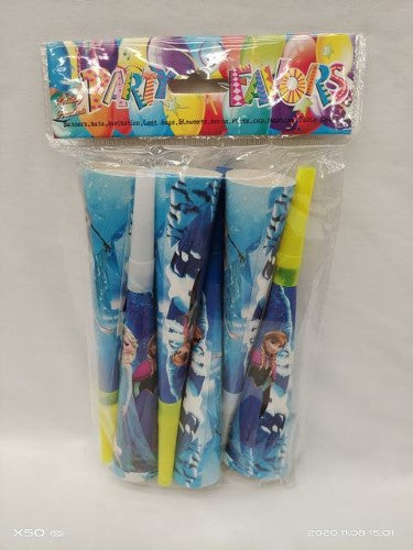 Frozen-themed party horns featuring beloved characters, perfect for children's celebrations and adding festive excitement.