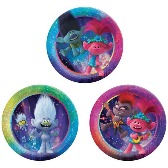 Colorful Trolls World Tour 17cm round paper plates, pack of 8, perfect for birthday parties and themed events.