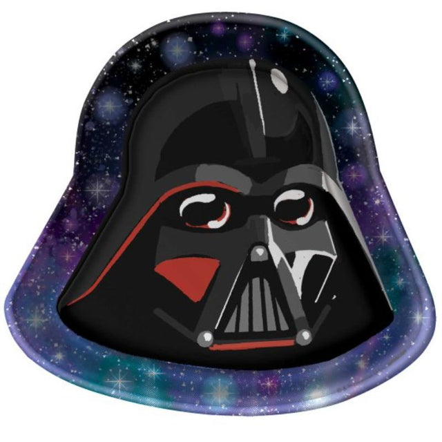 Darth Vader-shaped paper plates for Star Wars parties, 19cm x 21cm, pack of 8, perfect for snacks and themed events.