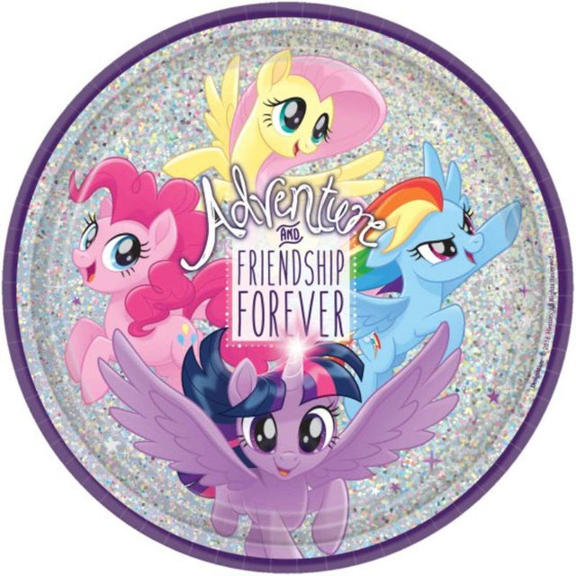 Colorful 23cm My Little Pony paper plates featuring vibrant pony designs, perfect for themed parties and easy cleanup. Pack of 8.