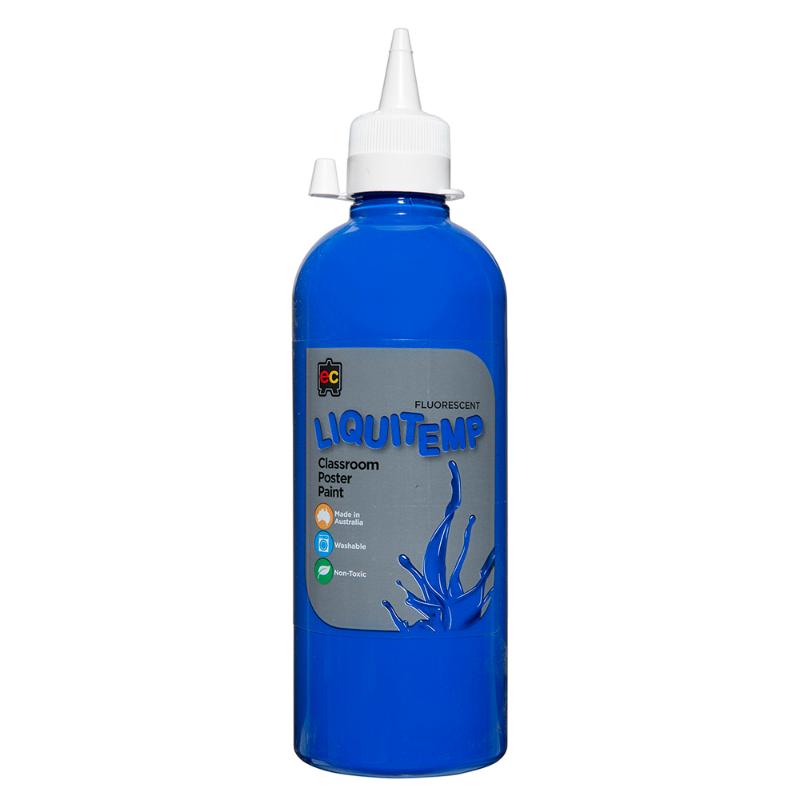 Vibrant blue Fluoro Liquitemp Poster Paint in 500ml, non-toxic, washable, ideal for artists and crafters.