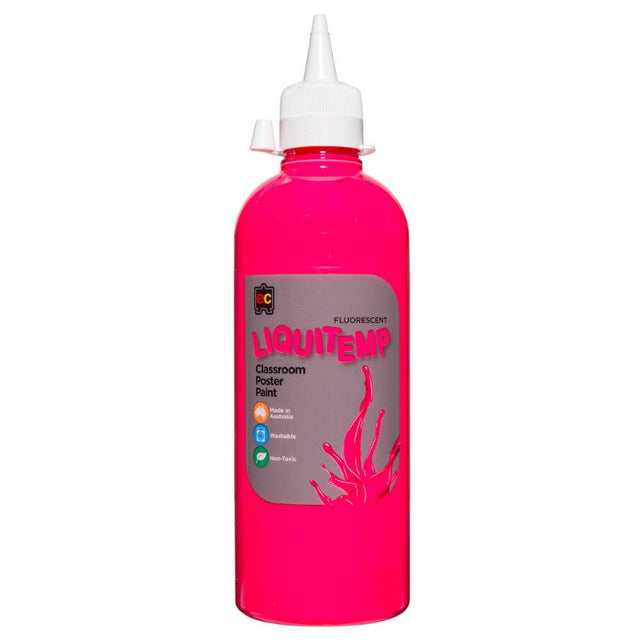 Fluoro Liquitemp Poster Paint 500ml in vibrant Pink, ideal for creative projects, artists, and safe for young hands.