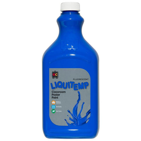 Bright blue washable poster paint in a 2L bottle, perfect for safe, creative projects for kids and artists alike.