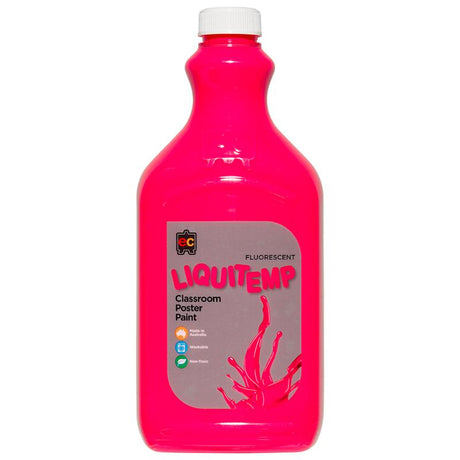 Vibrant pink Liquitemp fluorescent poster paint in a 2L container, perfect for safe, creative projects for kids.