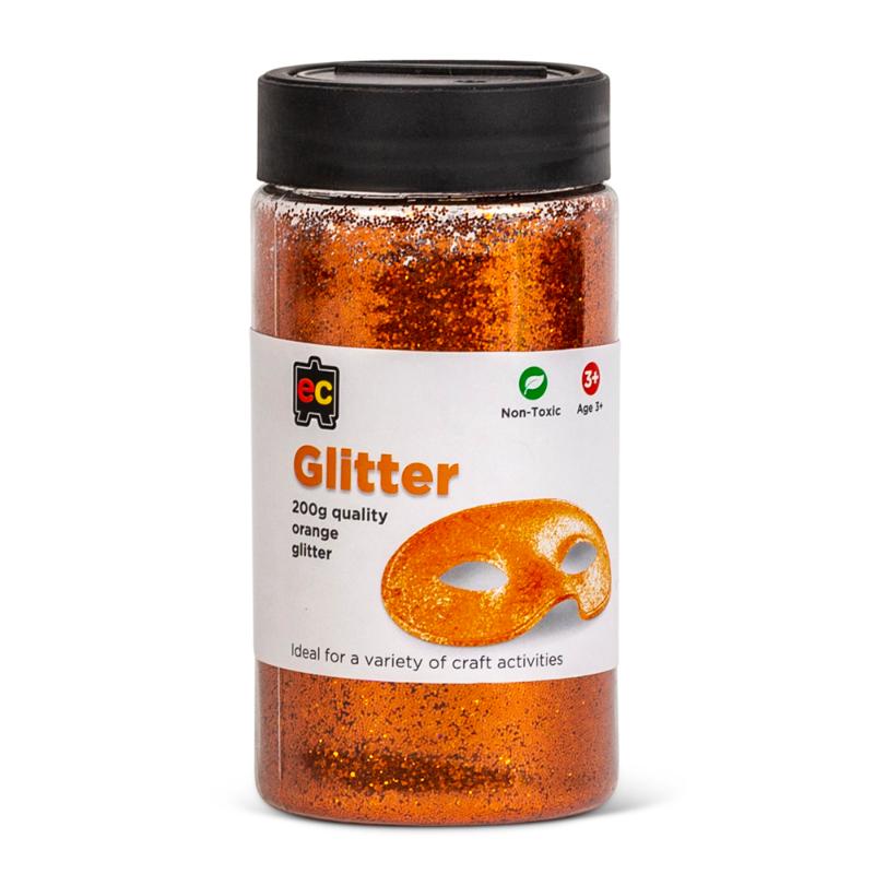 Vibrant orange craft glitter in a 200g jar, perfect for adding sparkle to various art and DIY projects.